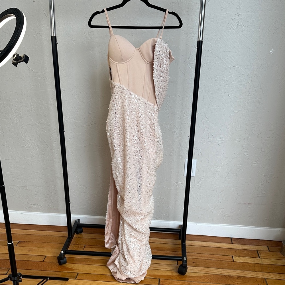 JLUXLABEL One Shoulder Sequin Dress in Blush